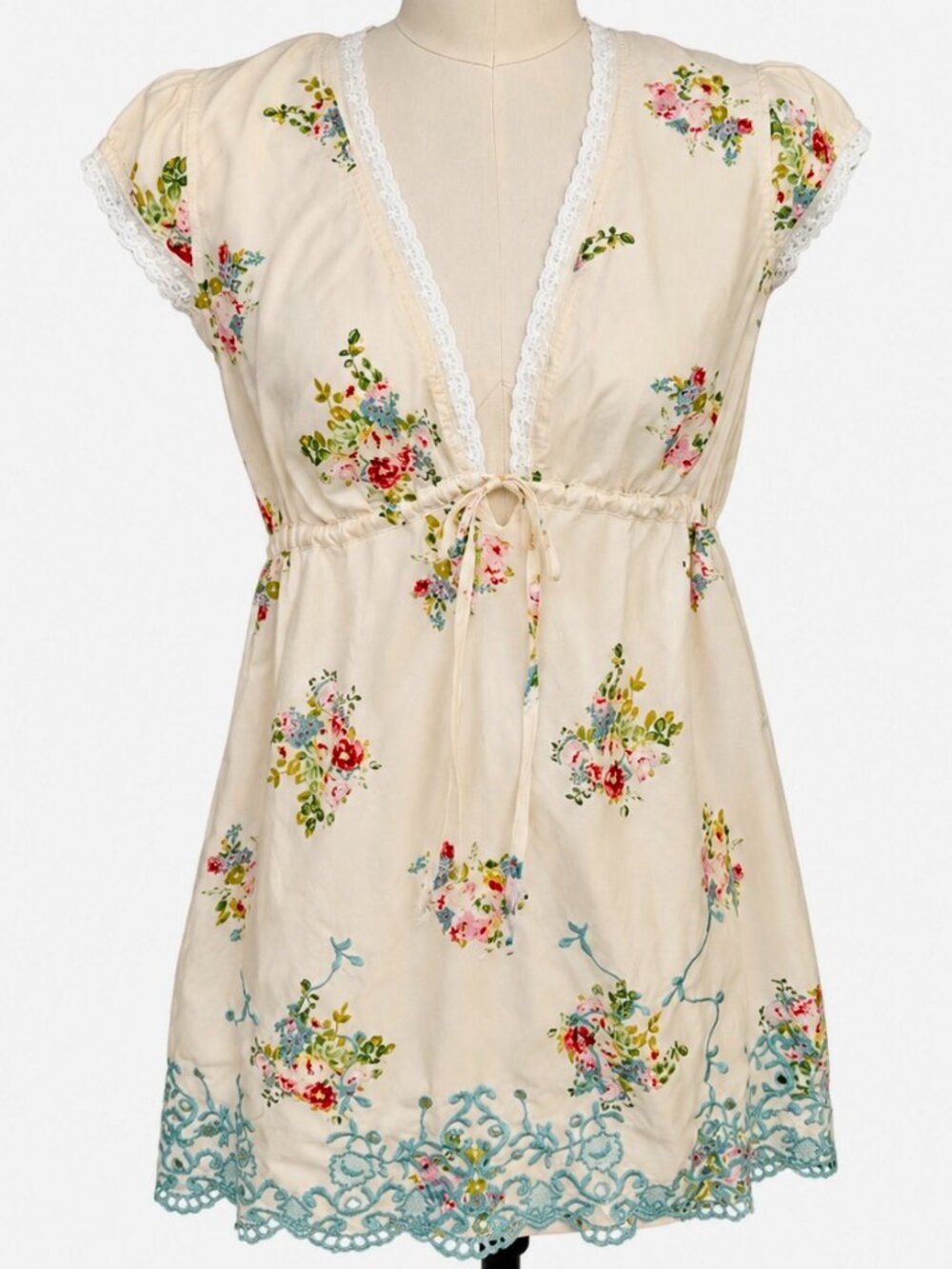 💋Johnny Was Silk Floral Tunic Top | Empire Waist | Embroidered Hem | XS